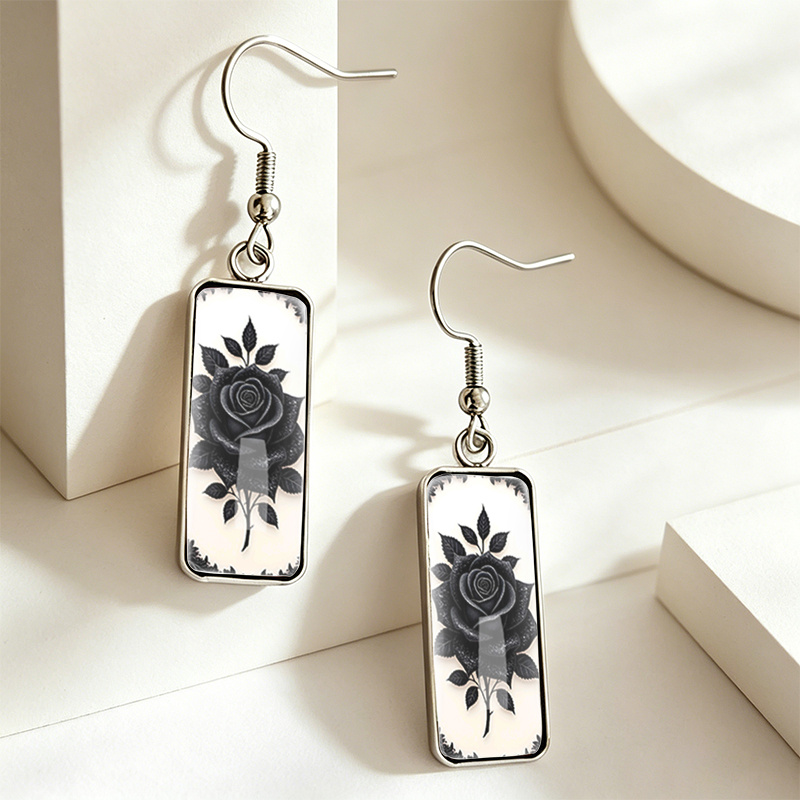Vintage Black Rose Rectangle Glass Dangle Earrings, Handmade